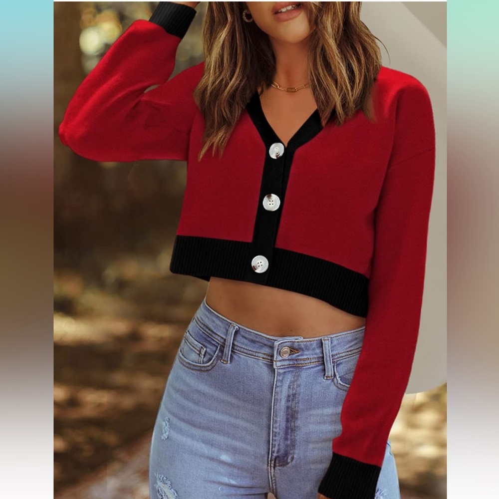 Red and Black Women's Cardigan Sweater - Picture 3 of 5